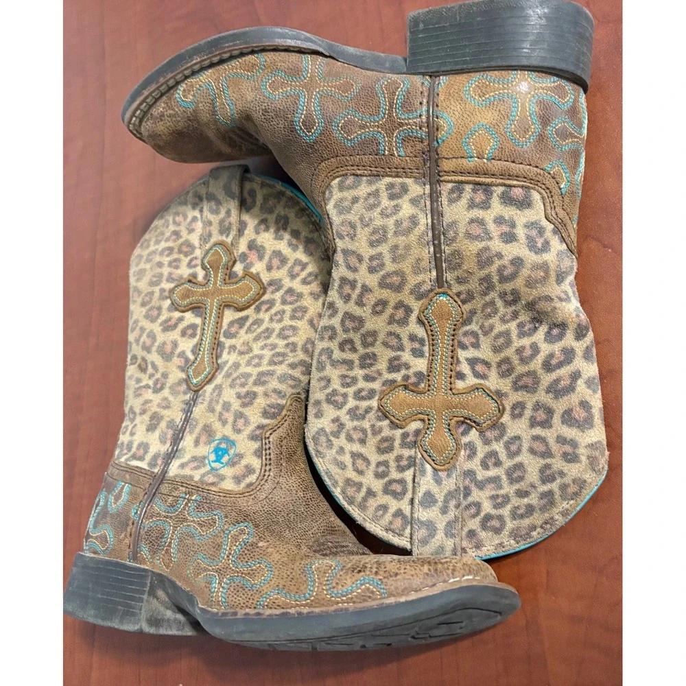 Ariat Kids Leopard Print Cross Western Cowboy Boots Brown Turquoise 10017311 10